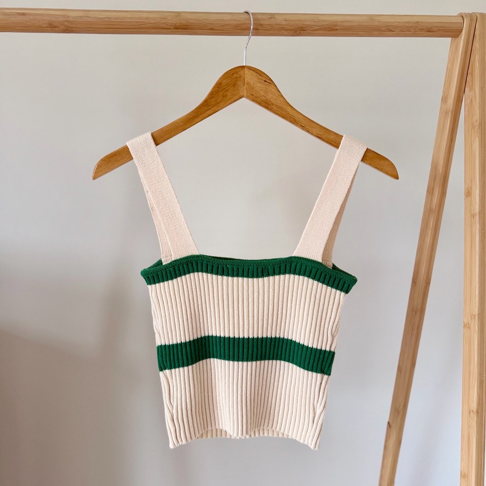Ribbed Knit Square Neck Striped Tank Top in Cream/Green - S - Picture 4 of 4